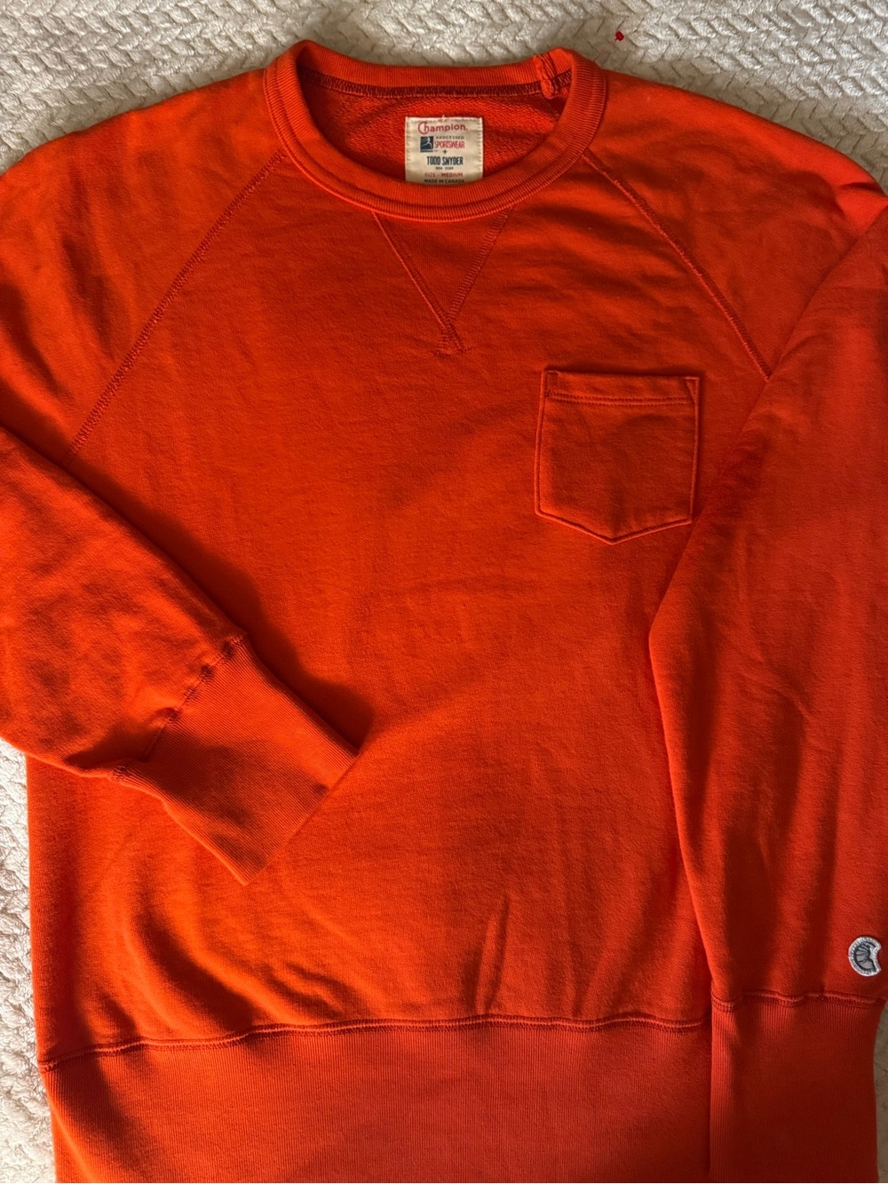 Champion Men’s Bright Orange Crewneck Pocket Sweatshirt